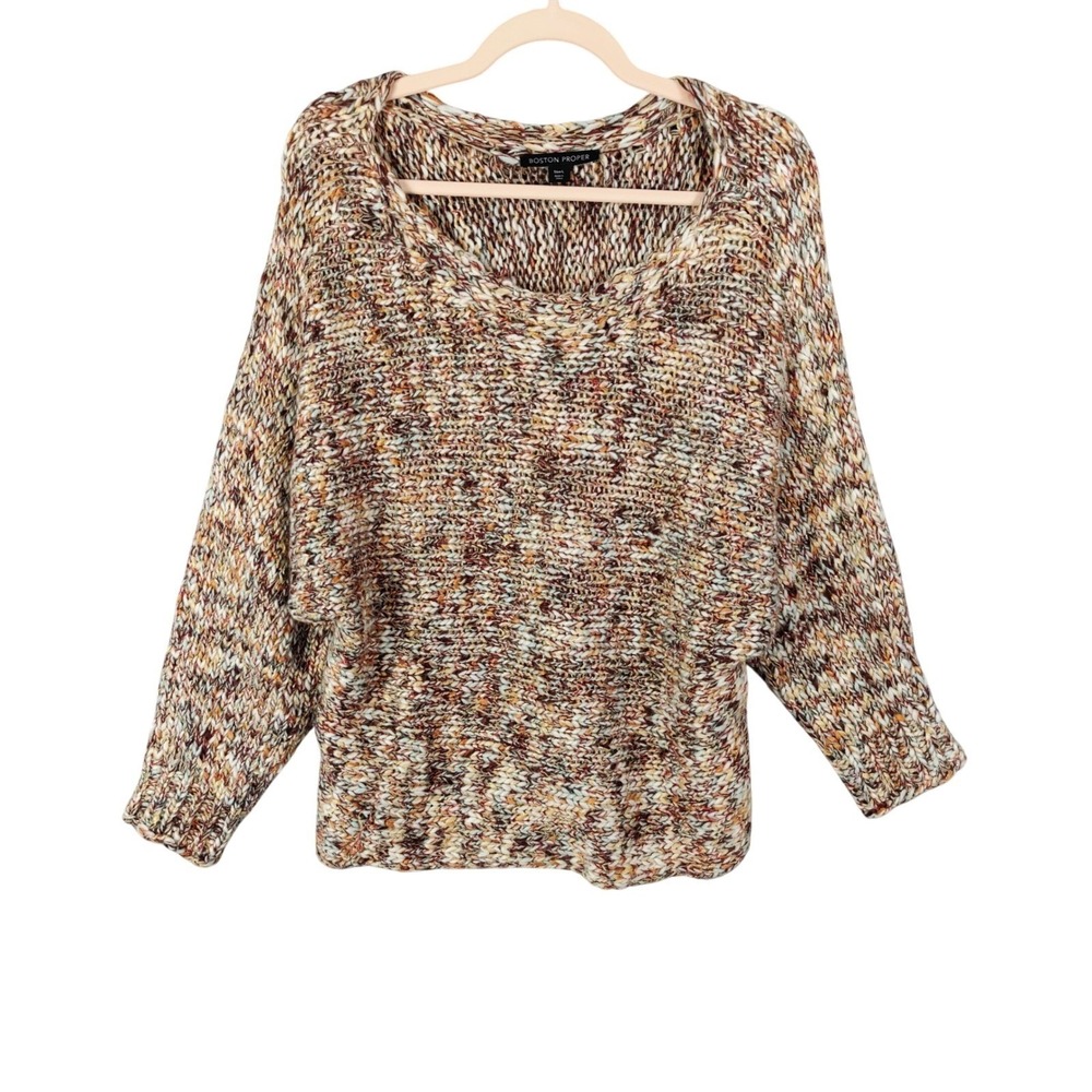 Boston Proper Women Coastal Sweater Chunky Knit L Tan Marled Metallic Scoop Neck